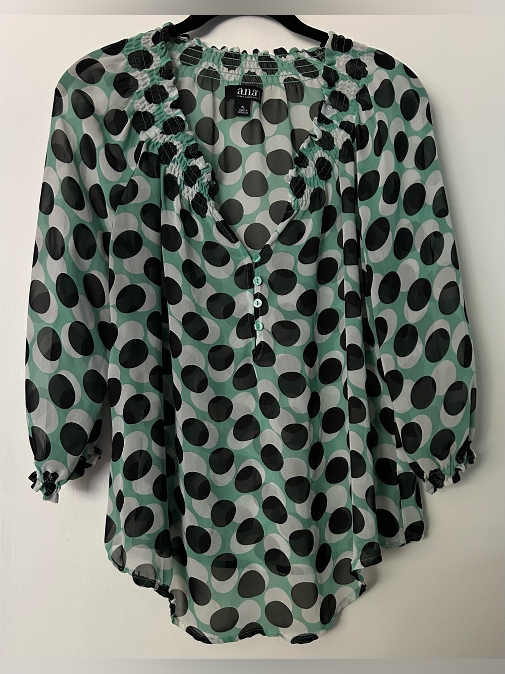 a.n.a light weight Polka Dot Peasant Blouse in Mint and Black Size PL